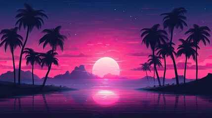 Naklejka premium Synthwave wallpaper with pink sun - generative ai