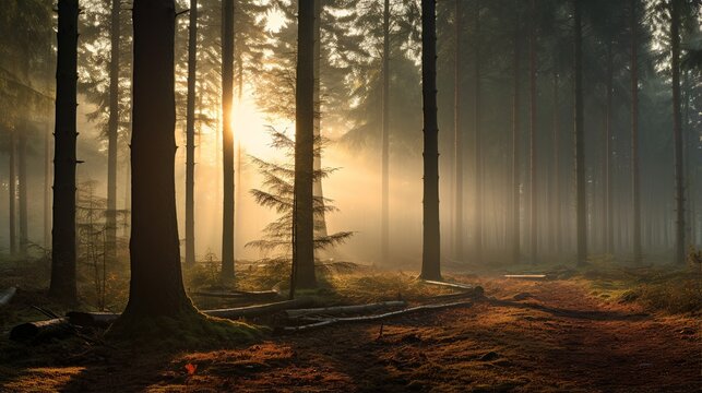 Sunbeams Through Misty Forest Morning