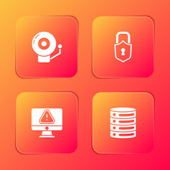 Set Ringing alarm bell, Lock, Monitor with exclamation mark and Server, Data, Web Hosting icon. Vector
