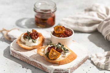 Bruschetta with sun-dried tomatoes, appetizer, Italian cuisine