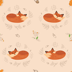 seamless pattern of autumn elements and foxes vector illustration