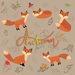 pattern autumn set of elements and foxes vector illustration
