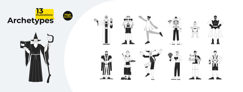 Character archetypes black and white cartoon flat illustration bundle. Archetypal 2D lineart characters isolated. Collective unconscious behavior, experience monochrome vector outline image collection