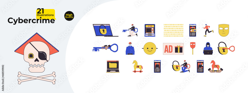 Poster cyber crime hackers line cartoon flat illustration bundle. phone attack, computer thief 2d lineart c