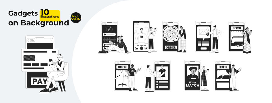 Using mobile apps black and white 2D illustration concepts bundle. Diverse people mobile devices cartoon outline characters isolated on white. Everyday life metaphor monochrome vector art collection
