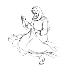 Pencil drawing. Woman sewing with a needle
