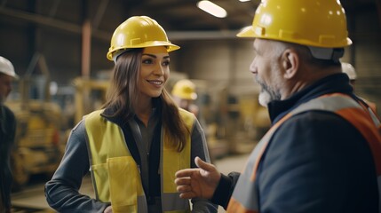 Confident woman engineer giving instructions to male worker on construction site. Strong female leader with STEM education, breaking barriers in the maledominated engineering field. - obrazy, fototapety, plakaty