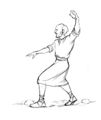 Pencil drawing. Man throw a big stone