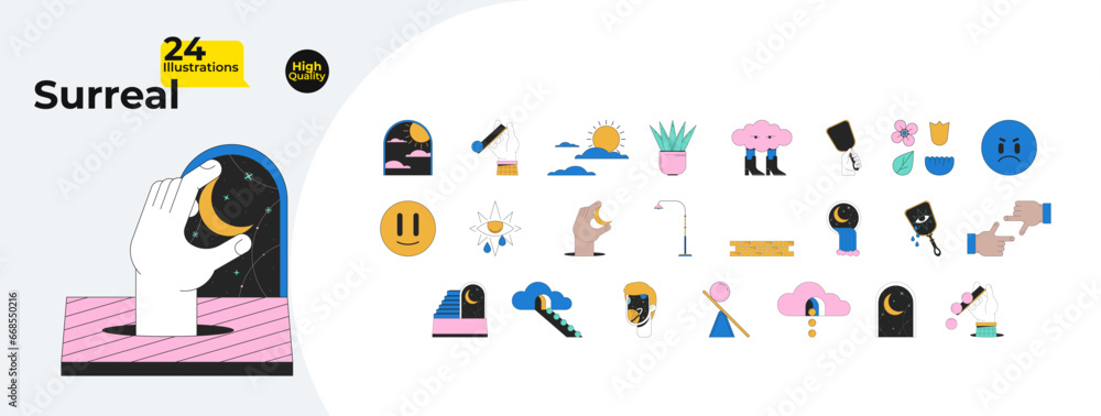 Aufkleber surrealism dreams 2d linear cartoon concept objects bundle. surreal esoteric symbols isolated line v