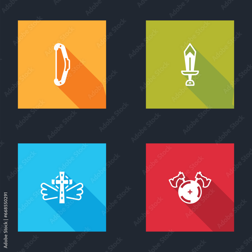 Poster set medieval bow, sword for game, christian cross and shield with axe icon. vector