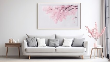 Modern living room sofa with gray and pink pillows - generative ai