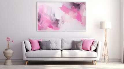 Modern living room sofa with gray and pink pillows - generative ai