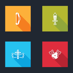 Set Medieval bow, Sword for game, Christian cross and shield with axe icon. Vector