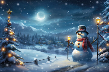 Christmas snowman outdoors at night