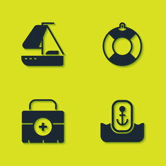 Set Yacht sailboat, Location with anchor, First aid kit and Lifebuoy icon. Vector