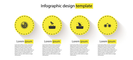 Set Radar with targets, Seagull sits on buoy, Shark fin in ocean wave and Binoculars. Business infographic template. Vector