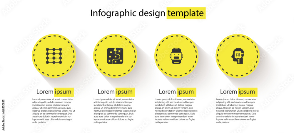 Aufkleber set neural network, chat bot and humanoid robot. business infographic template. vector