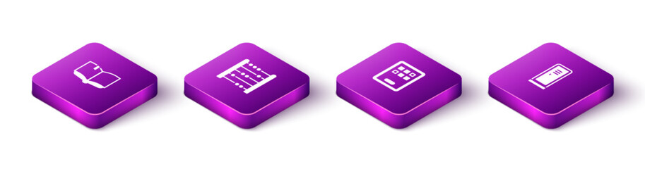 Set Isometric Open book, Abacus, Graphic tablet and Locker or changing room icon. Vector