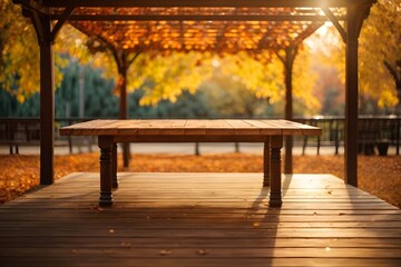 Fototapeta na wymiar Empty wooden table top with illuminated wooden pergola in park background with bokeh autumn sunlight. Generative Ai.