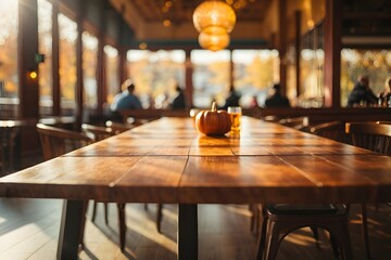 Empty wooden table top with restaurant full of guests in background with bokeh autumn sunlight. Generative Ai.