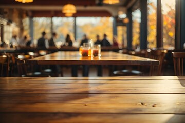 Empty wooden table top with restaurant full of guests in background with bokeh autumn sunlight. Generative Ai.