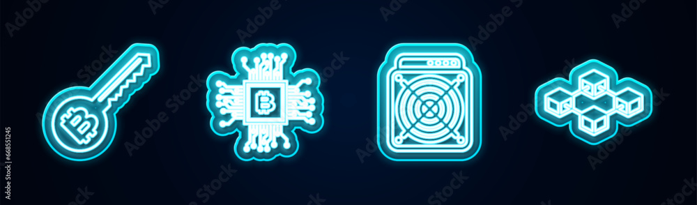 Poster set line cryptocurrency key, cpu mining farm, asic miner and blockchain technology. glowing neon ico