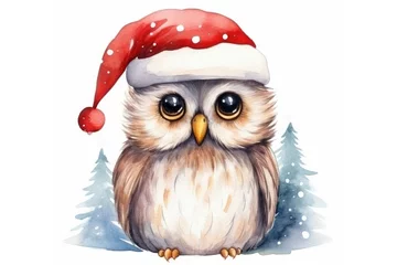 Fotobehang cute christmas owl with santa hat watercolor design © krissikunterbunt