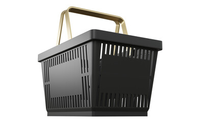 Plastic bag shopping basket with gold handles. Isolated supermarket shopping cart. 3d rendering