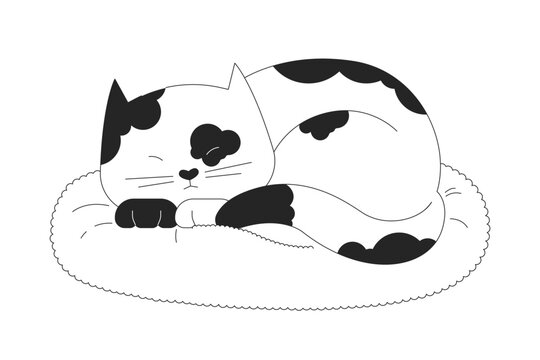 recommend clip art: Lazy spotted cat sleeping on pillow black and white 2D line cartoon character. Cute kitten isolated vector outline animal. Comfortable pet. Kitty laying down monochromatic flat spot illustration