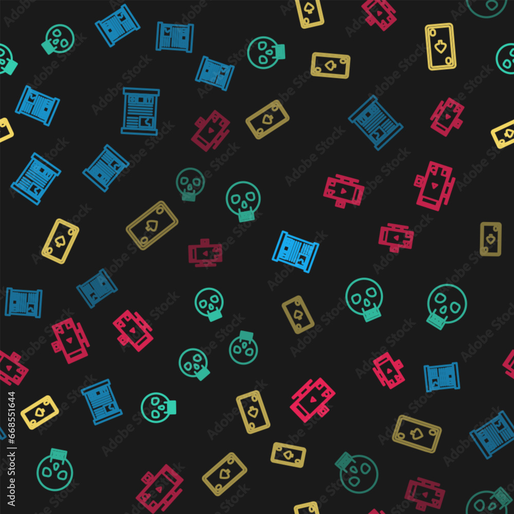 Poster set line game guide, skull, playing card with diamonds and live streaming online on seamless pattern