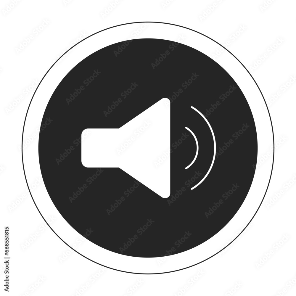 Poster push button audio black and white 2d line cartoon object. adjust sound control volume isolated vecto