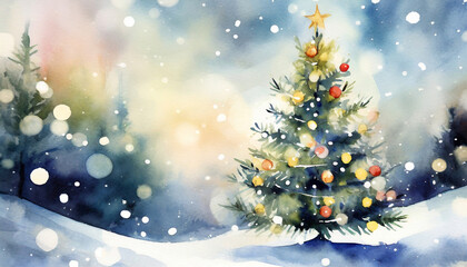 Fototapeta na wymiar Watercolor Christmas tree and bokeh lights in winter forest