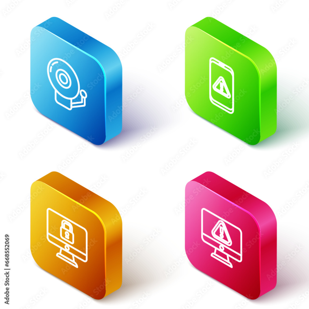 Poster set isometric line ringing alarm bell, mobile with exclamation mark, lock computer monitor and monit