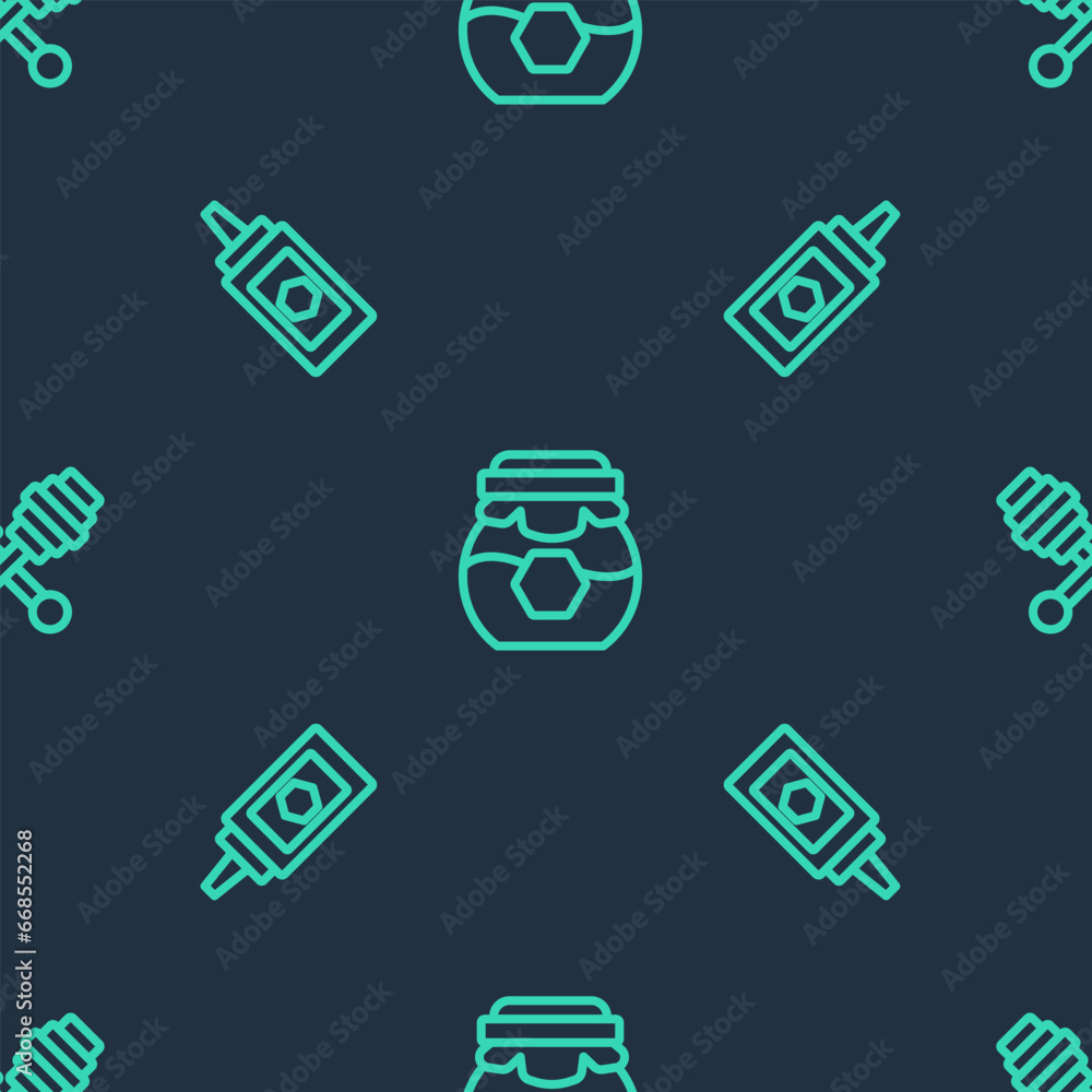 Poster set line jar of honey, and honey dipper stick on seamless pattern. vector