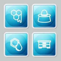Set line Honeycomb, Beekeeper with protect hat, and Hive for bees icon. Vector