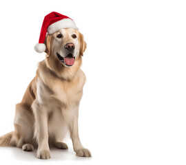 Smiling golden retriever dog in Santa Claus Christmas red hat on white background with space for text