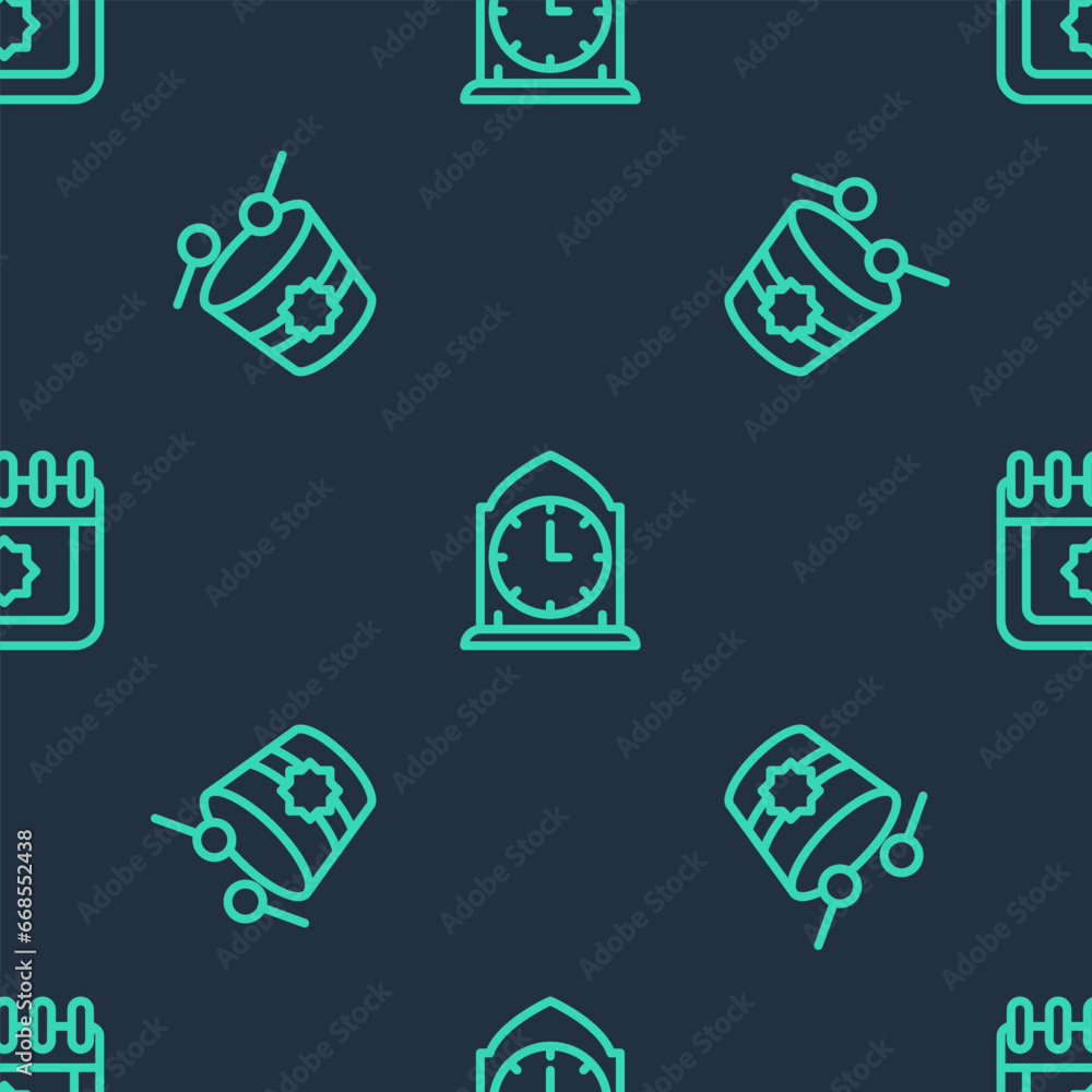 Poster set line clock, ramadan drum and calendar on seamless pattern. vector