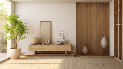 Asian Minimalism home interior vestibule, Inspired by Japanese aesthetics, it emphasizes simplicity, clean lines, low furniture, and natural materials