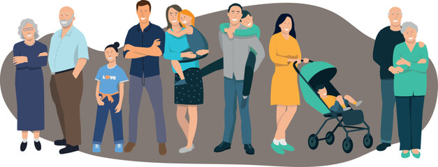 illustration vectorielle représentant un groupe de personnages, une famille composée de plusieurs générations, grands parents, enfants et petits enfants	
