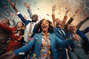Group of diverse businesspeople cheering celebrate and victory to business success with colleagues, Smiling multiethnic colleagues celebrate shared business success or victory in office - obrazy, fototapety, plakaty