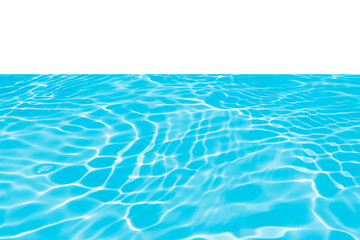 Defocus blurred transparent blue colored clear calm water surface texture with splashes reflection. Trendy abstract nature background. Water waves in sunlight with copy space. Blue watercolor shine.