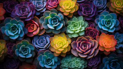 Beautiful view of rainbow succulents from above, for wallpaper use