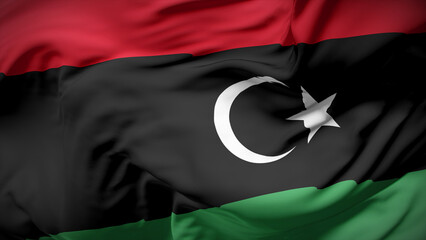3d illustration flag of Libya. Close up waving flag of Libya. - obrazy, fototapety, plakaty