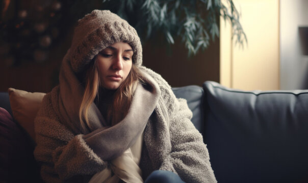 Winter fuel and energy costs. People wearing blankets and hats indoors to keep warm