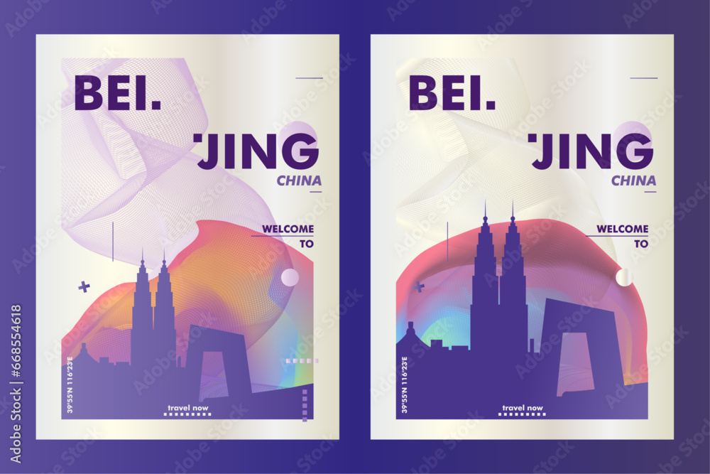 Poster china beijing city poster pack with abstract skyline, cityscape, landmark and attraction. travel vec