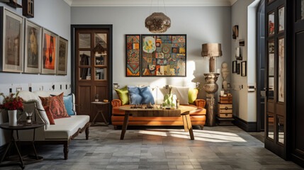 Eclectic home interior vestibule, A mix of various styles and periods, allowing for a diverse and personalized look that reflects individual tastes