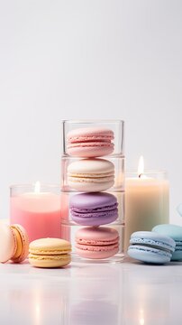 Naklejki Artificial food decor, unusual candles in the form of macaroons, bright and unusual. Pink and blue colors.