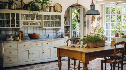 French Country home interior kitchen, Reflecting the rural regions of France, it includes light colors, rustic furniture, Toile-de-Jouy fabrics, and vintage items