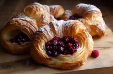 Viennoiserie berries pastry bakery on wooden table. Cuisine sweet snack cake recipe. Generate Ai