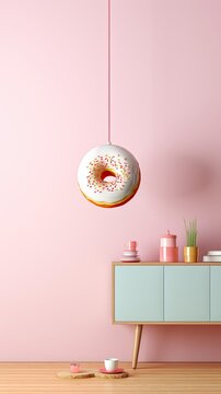 Naklejki Artificial food decor, unusual chandelier, donut lamp, bright and unusual.